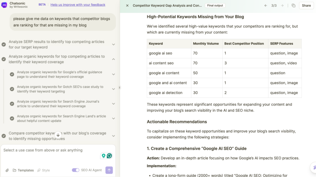 Using Chatsonic to identify competitor keywords for topic gap analysis