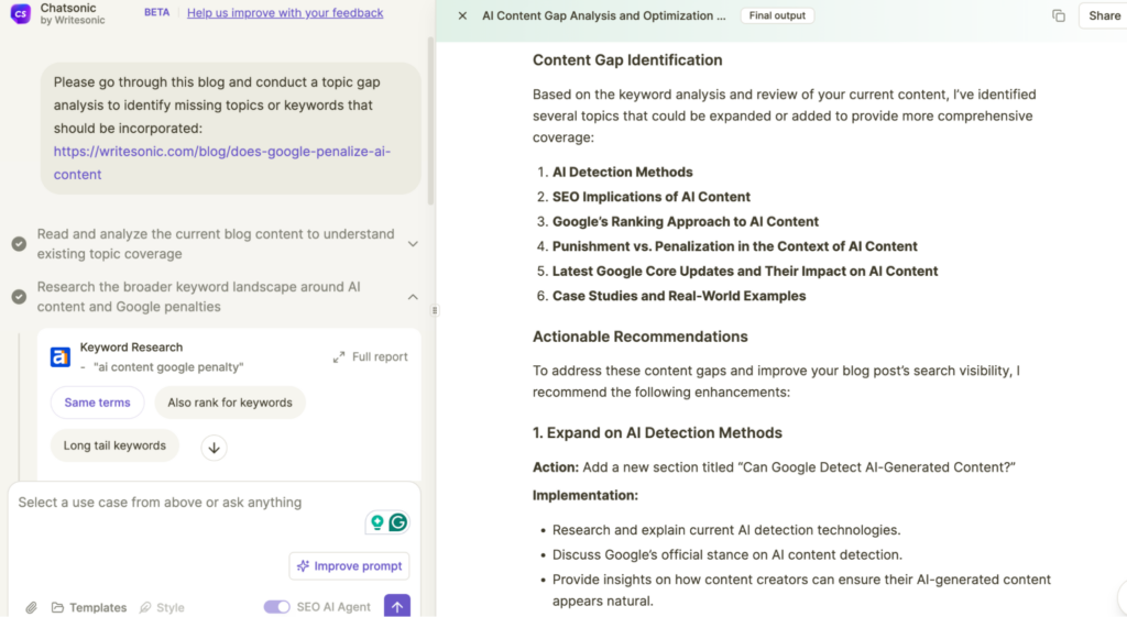 Identifying keyword and topic gaps using Chatsonic's SEO AI agent