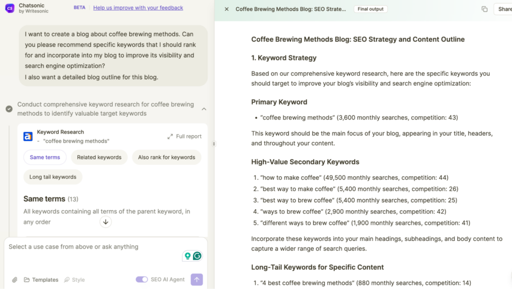 Using Chatsonic, a multi agent AI for keyword research.