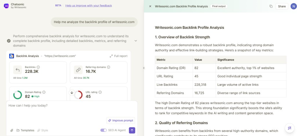 backlink analysis using Chatsonic SEO AI agent