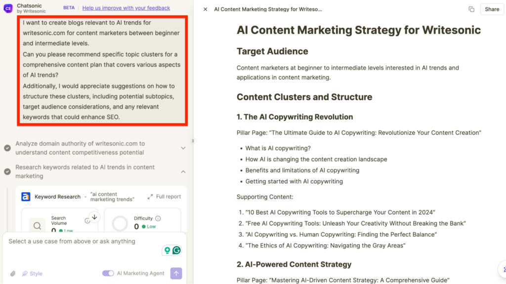 AI agents in content marketing - Content strategy enhancement using Chatsonic