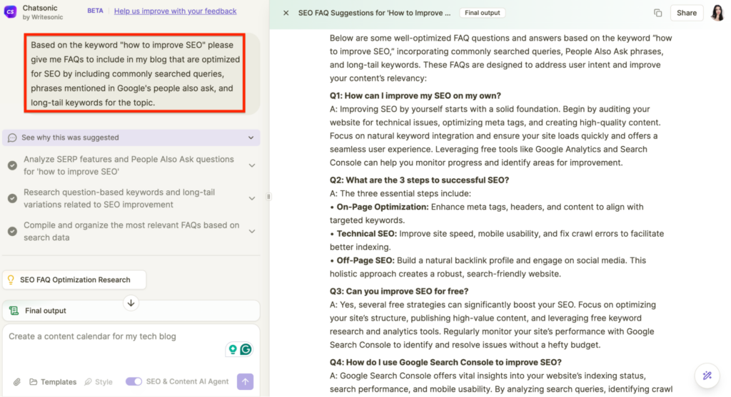FAQ creation for SEO enhancement using Chatsonic