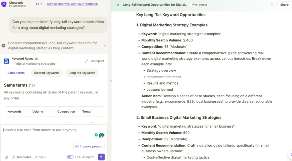 AI agents for on-page SEO - Identifying long-tail keywords using Chatsonic